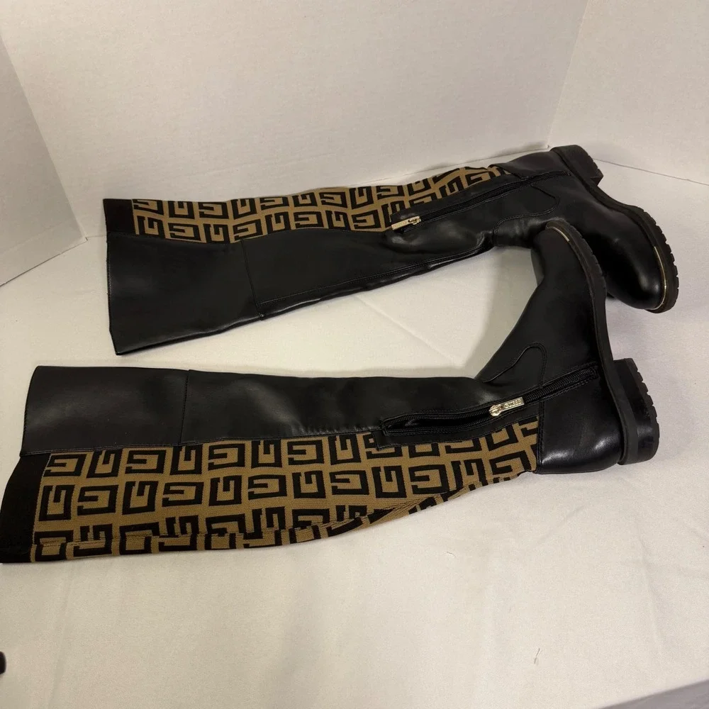 Guess Over The Knee Boots Womens Black‎ Tan Monogram Knit Pull on/Zip